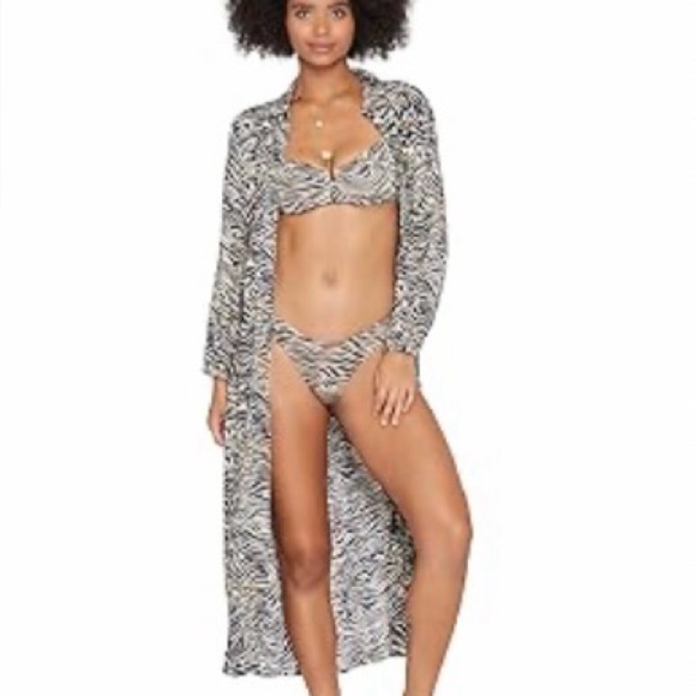 L*Space Zebra Print Maxi Duster Cardigan Dress Swim Cover Up Tan Black Large